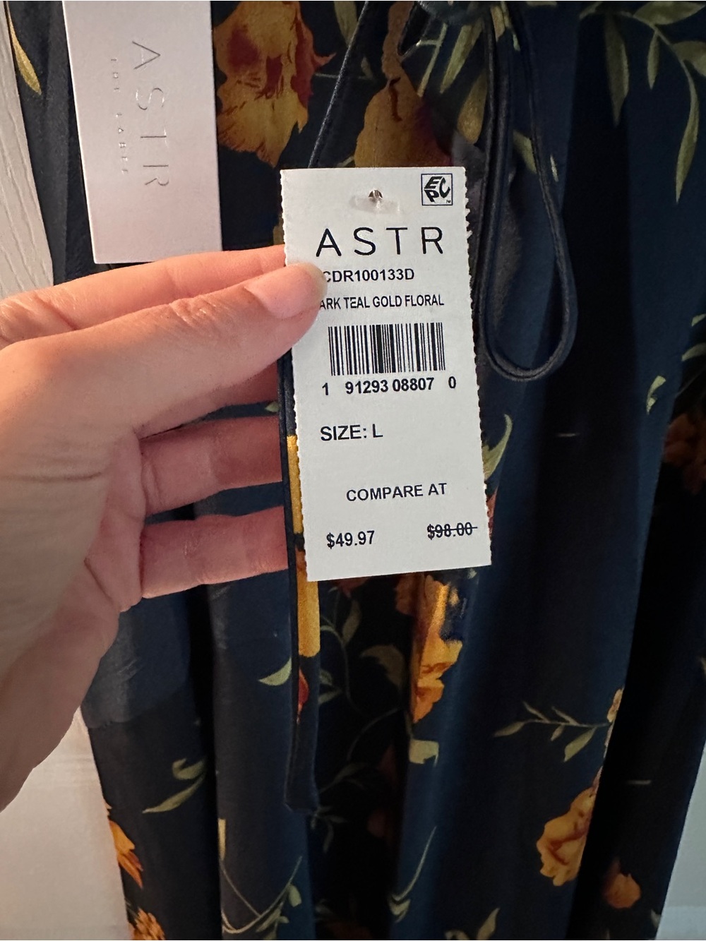 Astr Dark Teal Slip Dress with Gold Floral Print - Picture 4 of 6